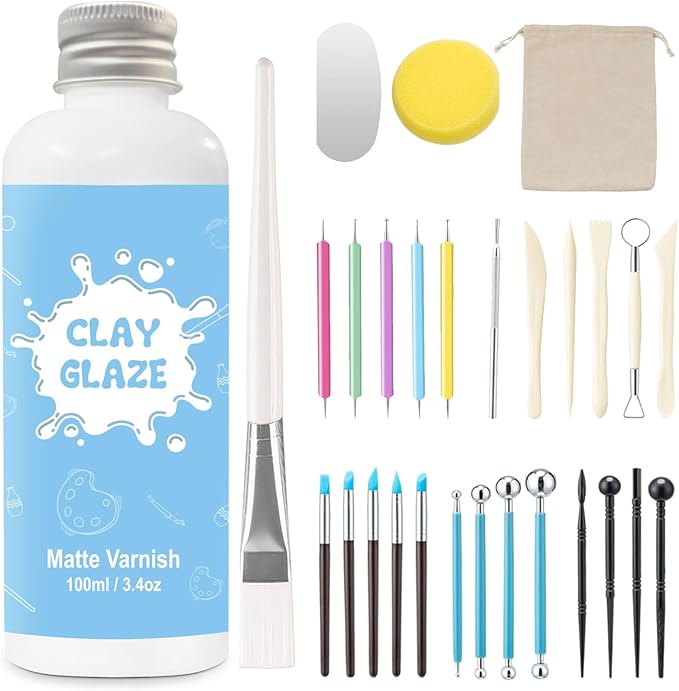 EIGTWEN 100ml Air Dry Clay Glaze and 29pcs Clay Tools Kit, Matte Varnish | by EIGTWEN