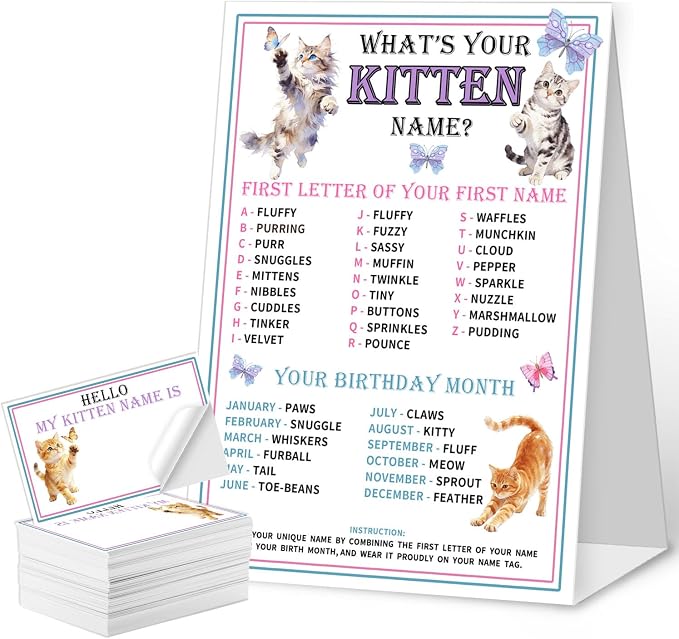 What's Your Kitten Name Game Cards, Birthday Game Supplies, 1 Kitten Name Game by QZCYU