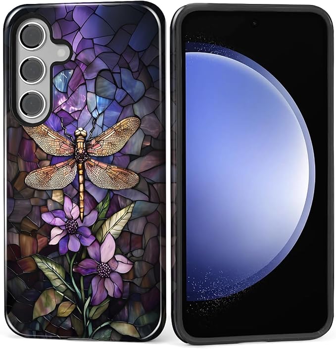 for Samsung Galaxy S24 FE Case, Stained Glass Dragonfly Pattern Glossy 2 in 1 by Teonvpu