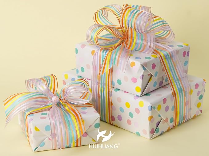 HUIHUANG Pastel Striped Sheer Wired Ribbon 2.5 inch X 10 Yards Rainbow Stripes - Image 3