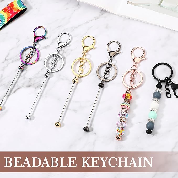 Tondiamo 12 Pcs Beadable Keychains Bars Bulk Blank Beaded Metal Keychain - Image 2