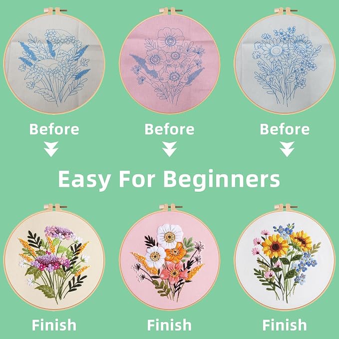 Herdiese Embroidery Kit for Beginners & Adults, Pre-Printed Fabrics, 9 Needles - Image 4