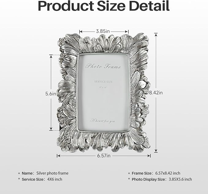 Cuspin 4x6 Picture Frame Silver, Vintage Ornate Palm Leaves Textured - Image 6