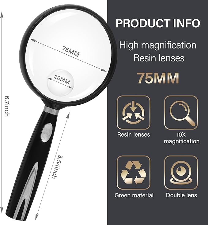 Feosky Handheld Reading Magnifier, 10X Magnifier, 75mm Shatterproof Lens - Image 2