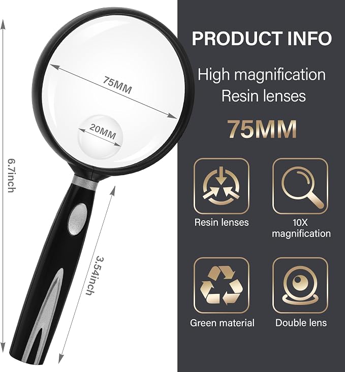 Feosky Handheld Reading Magnifier, 10X Magnifier, 75mm Shatterproof Lens - Image 2