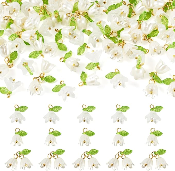 FASHEWELRY 60Pcs Pearl White Lily Flower Charms Acrylic Lily of the Valley by FASHEWELRY