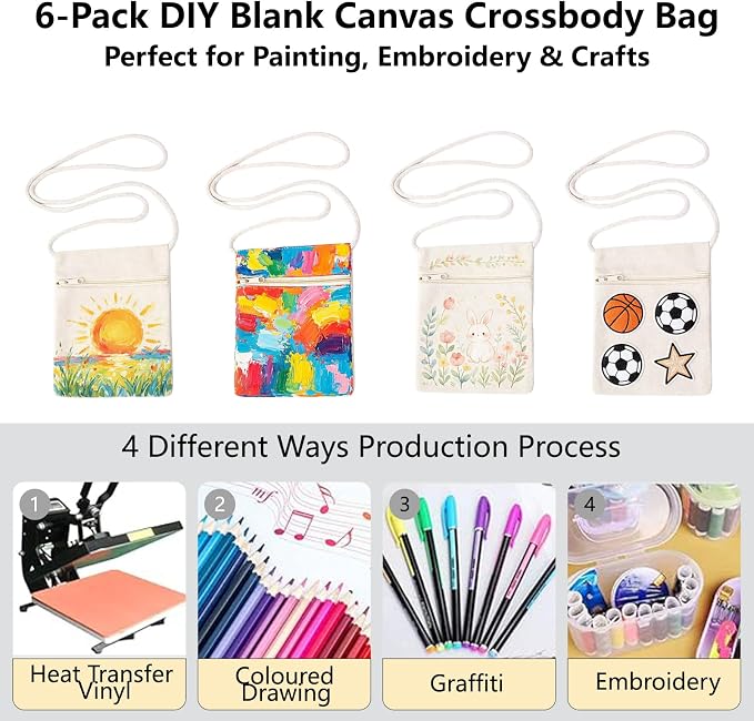 6Pcs 13x17cm Blank Canvas Crossbody Bag, Bulk Mini Zipper Shoulder Bags - Image 4