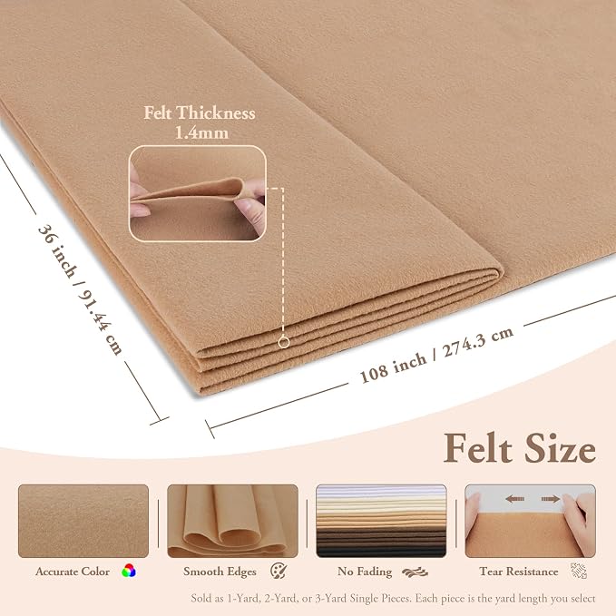 Tan Felt Fabric Sheet 108" X 36", 1.4mm Thick Large Soft Durable Flexible Craft - Image 2