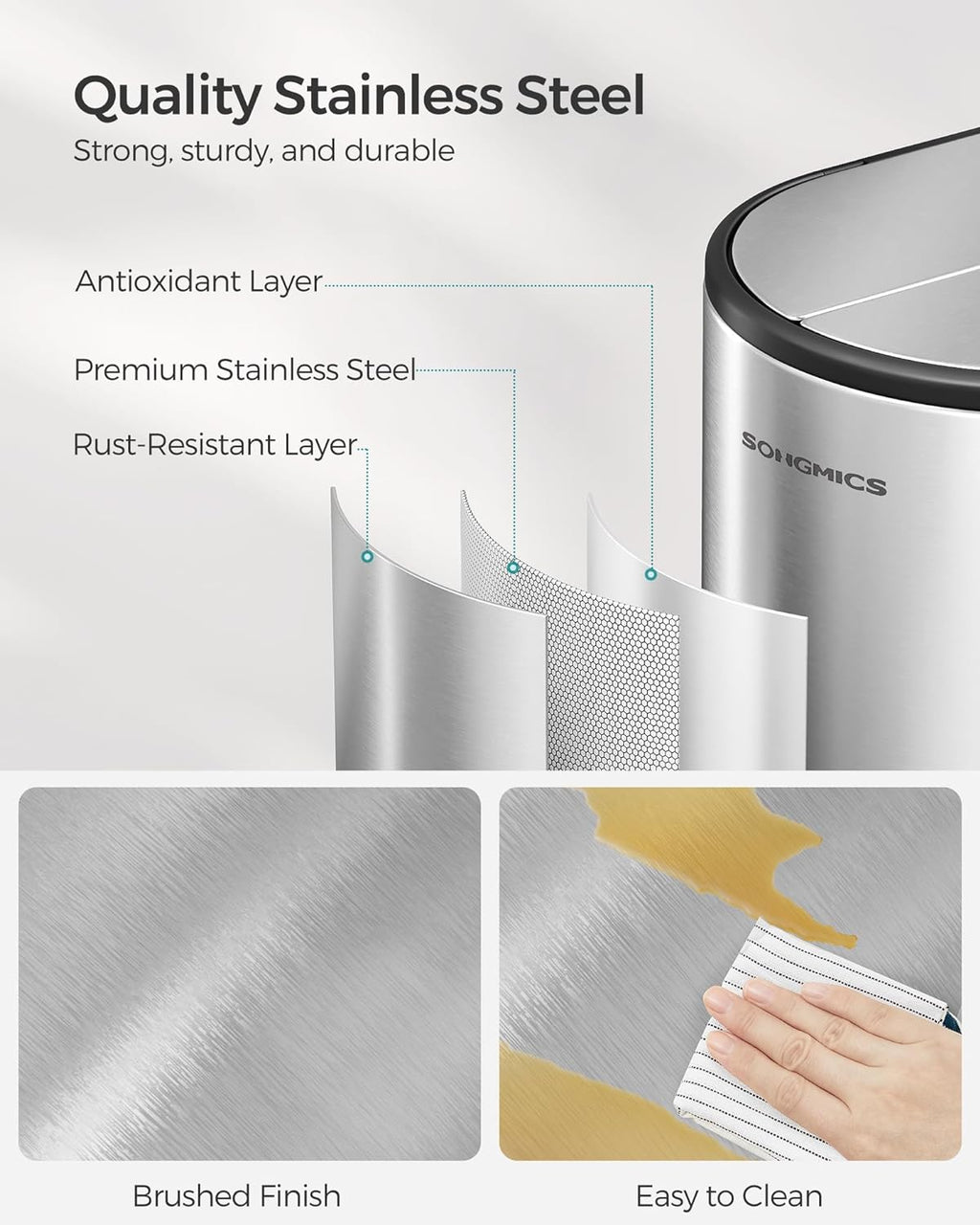 SONGMICS 13-Gallon Dual Kitchen Trash Can, 5.3 and 8 Gallon Compartments, Garbage Can with Wing Lids, Stainless Steel, Soft Close, Inner Buckets, Metallic Silver ULTB570E50