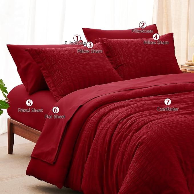 CozyLux Queen Comforter Set Dark Red Seersucker 7 Pieces Bed in a Bag Queen - Image 7