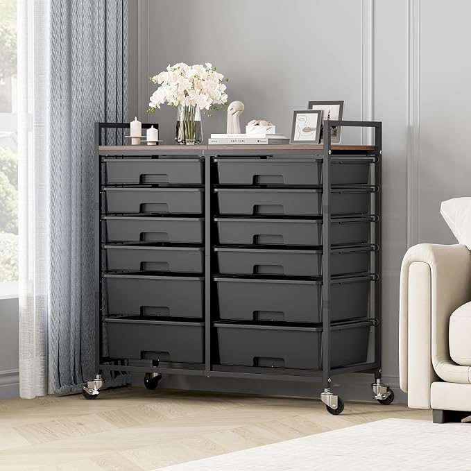 Rolling Storage Cart with 12 Drawers, Wooden Tabletop Utility Cart - Image 2