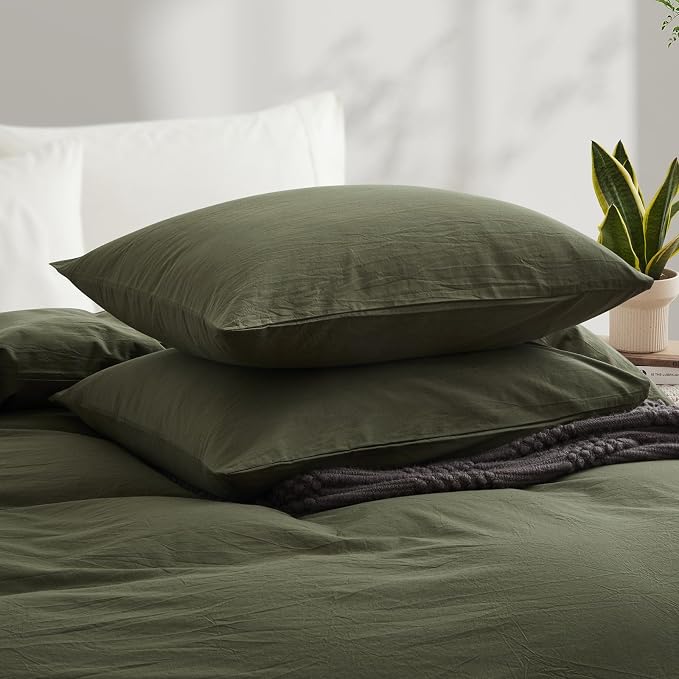LOVQUE Olive Green Duvet Cover Full Size, 100% Washed Cotton Linen Like Bedding - Image 3