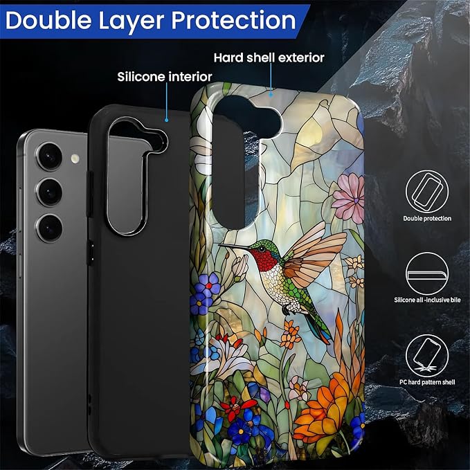 for Samsung Galaxy S23 Plus Case, Hummingbird Wildflower Stained Glass Pattern - Image 3