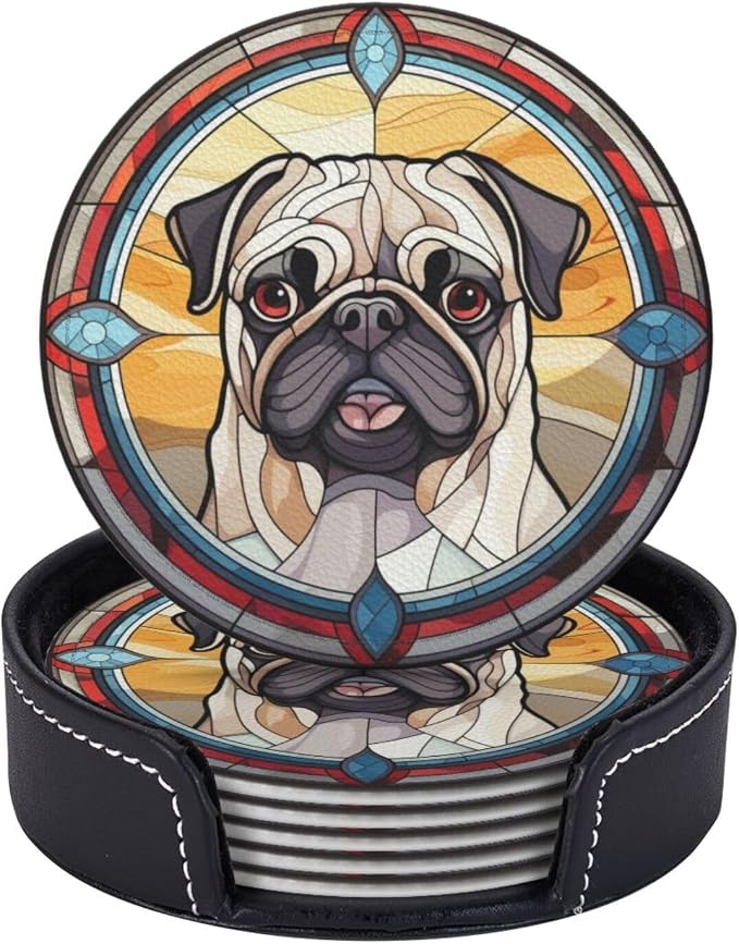 Drink Coaster Set of 6, Pug Dog Mom Lover Gift, Leather Drink Coasters - Image 5