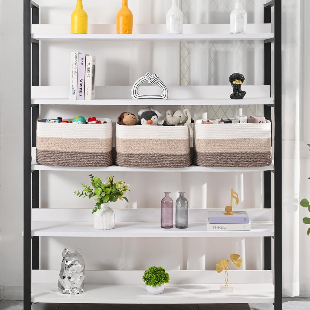 Large Storage Baskets for Organizing Shelves, Woven Cotton Rope Bins for Baby Nursery Organization, Book Toy Towel Organizer, 17"x13"x9.5", 3 Packs, Gradient Brown