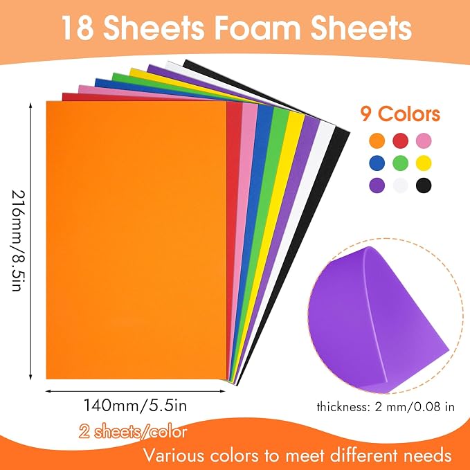 18 Sheets EVA Foam Sheets, 9 Colors 5.5 x 8.5 Inch 2mm Craft Foam | 9 Vibrant - Image 2