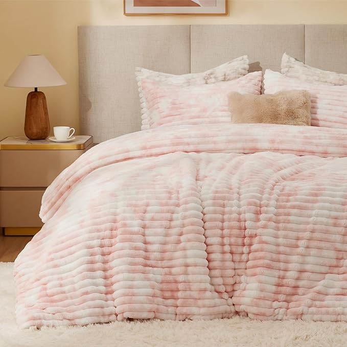 BEDELITE Fleece Full Comforter Set -Super Soft & Warm Fluffy Pink&White Bedding by BEDELITE
