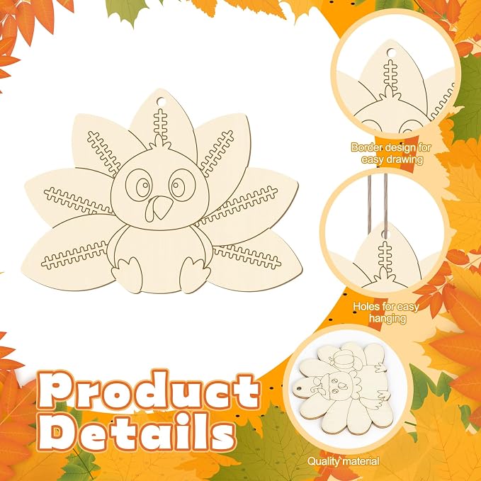 24 PCS Unfinished Wooden Thanksgiving Crafts, Turkey Shaped Hanging Ornaments - Image 4
