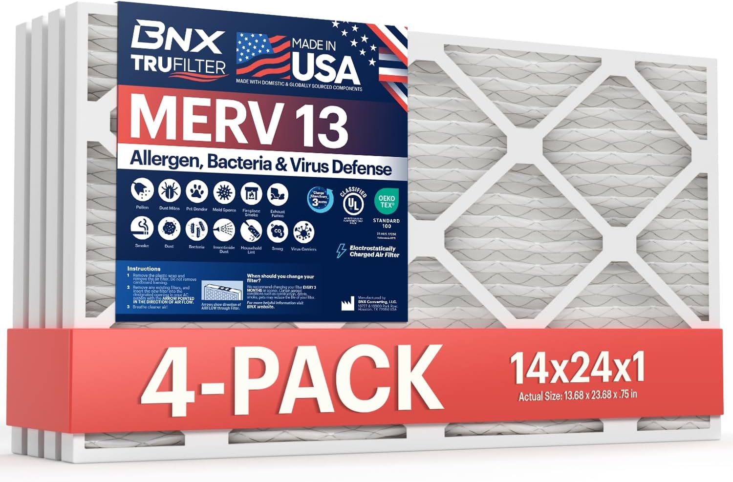 BNX TruFilter 14x24x1 Air Filter MERV 13 (4-Pack) - MADE IN USA - Electrostatic Pleated Air Conditioner HVAC AC Furnace Filters for Allergies, Pollen, Mold, Bacteria, Smoke, Allergen, MPR 1900 FPR 10