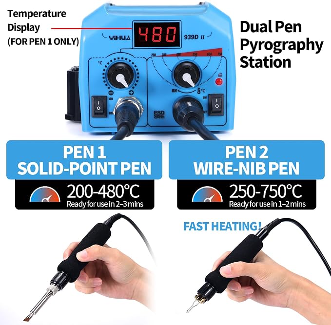 YIHUA 939D-II Pyrography Pen Wood Burning Kit Station 2-in-1 Solid-Point - Image 2
