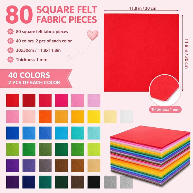 80 PCS Wool Blend Felt Sheets for Crafts 1 mm Thickness, 12 x 12 inches Felt - Image 2
