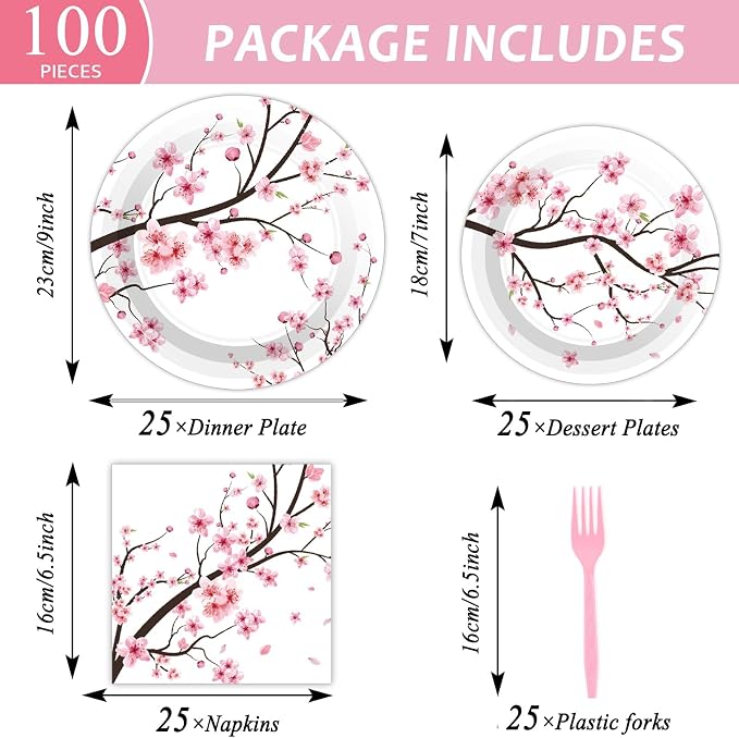 Qyeahkj 100 PCS Cherry Blossom Party Supplies Set Cherry Blossom Plates and - Image 2