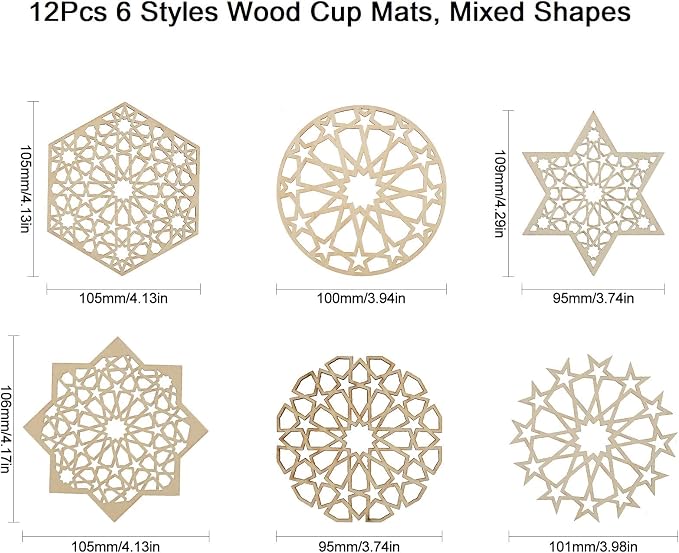 12 pcs 6 Styles Hollow Star Theme Wooden Drink Coasters Snowflake Hexagon - Image 2