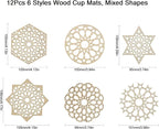 12 pcs 6 Styles Hollow Star Theme Wooden Drink Coasters Snowflake Hexagon - Image 2