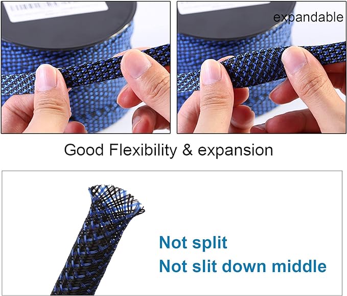 25ft - 3/8 inch PET Expandable Braided Sleeving – BlackBlue – Alex Tech Braided - Image 5