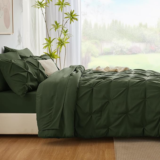CozyLux Full Size Comforter Sets Olive Green, 7 Pieces Pintuck Bed in A Bag - Image 8
