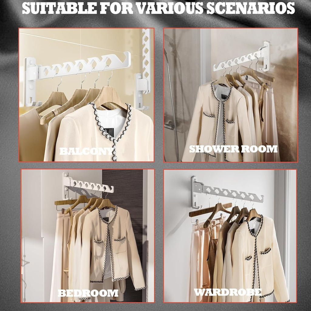 Dr.DJ Wall Mount Coat Hanger Holder White Clothes Drying Organizer Rack Garment Hooks Aluminium Retractable Folding Indoor Wall Mounted Hanger Space Saver for Laundry Room Bedroom White 2Pack