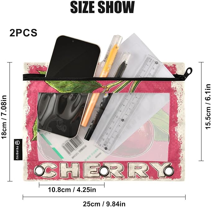 Red Cherry Print Pencil Pouch for 3 Ring Binder, 2 Pack Waterproof Pencil Bags - Image 3