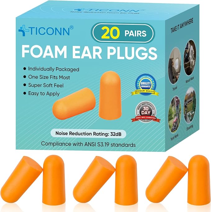 TICONN 20 Pairs Foam Ear Plugs, Individually Wrapped 32dB NRR Noise Reduction - Image 8