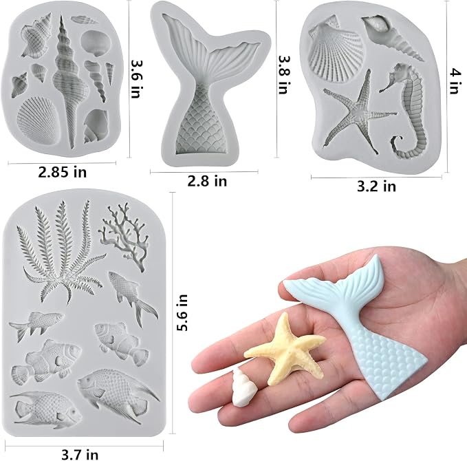 Sakolla 4 Pcs Marine Theme Silicone Fondant Molds, Mermaid Tail Seashell Conch - Image 3