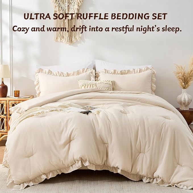 FUANNA Full Size Comforter Sets Beige, 3 Pieces Ruffle Full Size Bedding Sets - Image 3