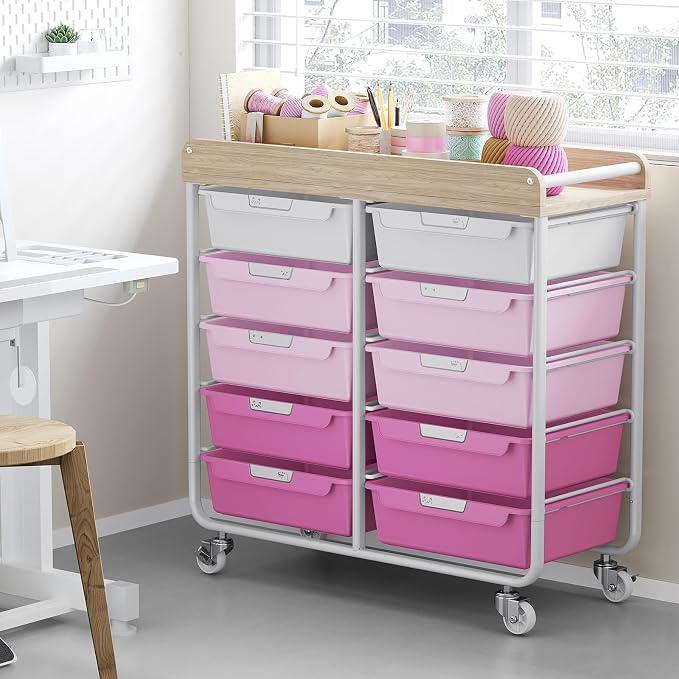 10 Drawers Rolling Cart with Wooden Tabletop, Utility Storage Cart with Wheels - Image 2