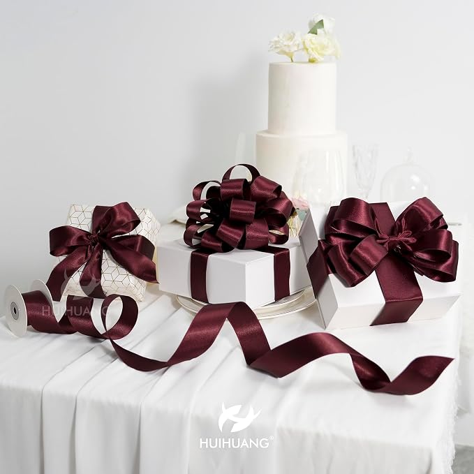 HUIHUANG Burgundy Satin Wired Ribbon 2.5 inch Wine Red Double-Faced Satin Wire - Image 7