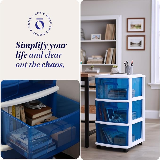 HOMZ Drawer Tower, 3-Tier Clear Blue Plastic Storage Organizer Cart, and - Image 6