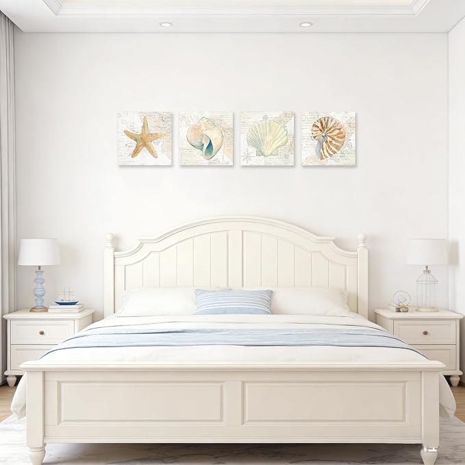 Seashell Bathroom Decor Cream Color Seashell Starfish Canvas Wall Art Nautical - Image 4