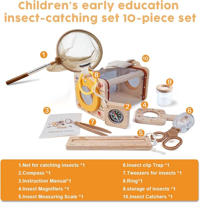 Wooden Insect Observation Kit for Kids, Insect Habitat Cage, Butterfly Net - Image 2