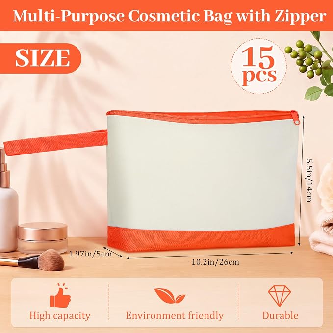 Silkfly 15 Pcs Cotton Canvas Makeup Bags Cosmetic Zipper Bags 10.2 x 5.5 x 2'' - Image 2