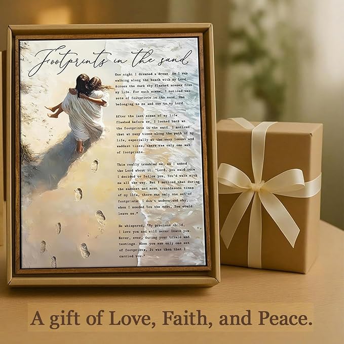 VXGMYPGZ Framed Footprints in the Sand Canvas Wall Art, Inspirational Christian - Image 2
