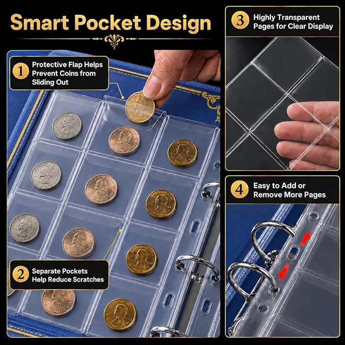 ANKHOH Zippered Coin Collection Book, 200 Pockets and 30 Bill Sleeves | PU - Image 4