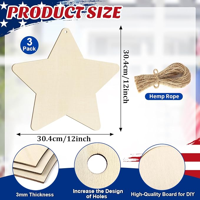 Large Size 12" Wooden Star Ornaments to Paint, Wooden DIY Blank Unfinished 4th - Image 7