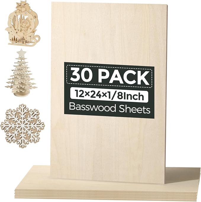 30 Pack Basswood Sheets, Smooth Surface, Uniform Thickness, No Burrs, No Warping by 3MMBasswoodForLaserCutting
