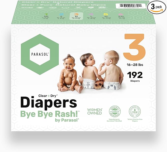 Parasol Clear+Dry Disposable Diapers and Clear+Pure Wipes, RashShield Protection, Size 3 (16-28 lbs), Diaper Bundle of 192 Diapers & 240 Wipes
