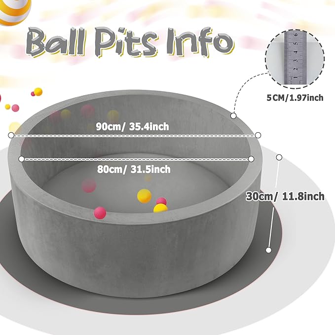 Foam Baby Ball Pit, 35.4"x 11.8" Ball Pits for Toddlers, Soft Round Kiddie Playpen Ball Pool for Kids with Soft Memory Sponge, Ideal Gift for Babies Indoor and Outdoor Game,Grey(Balls not Included)