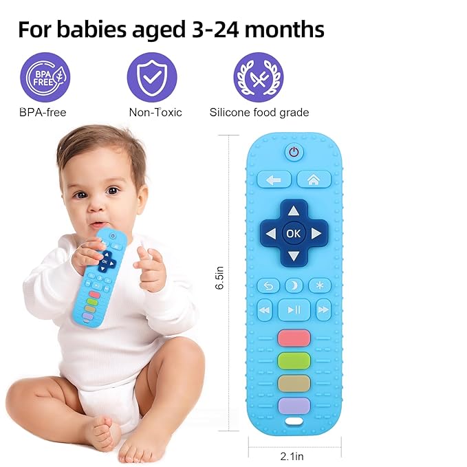 Chuya Remote Teethers Silicone Baby Teething Toys, TV Remote Teether for 3-6-12-18 Months Babies Infant Toddlers Teething Relief Chew Toys (Blue)