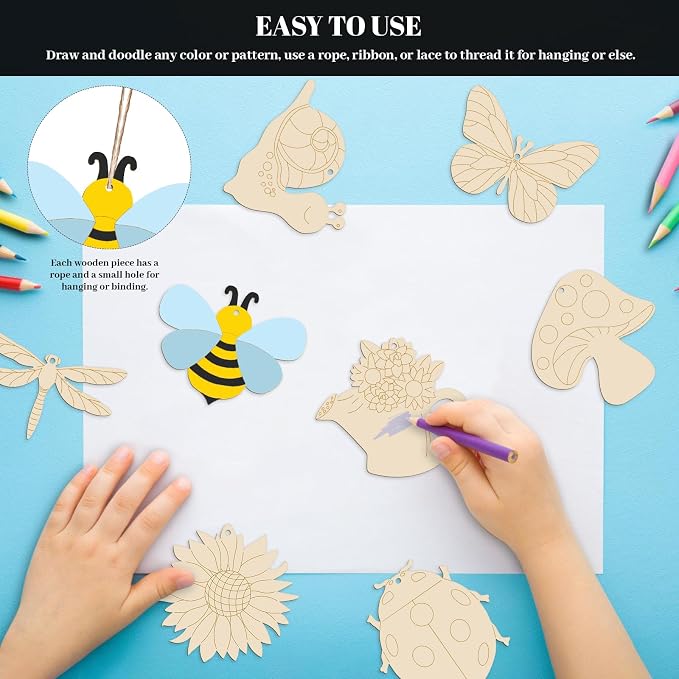 Subacy 80 PCS Unfinished Wood Cutouts 8 Styles DIY Wooden Spring Ornaments - Image 4