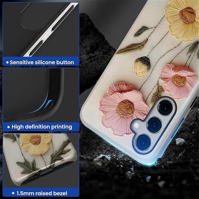 Case for Samsung Galaxy S25 Case, Faux Embroidery Boho Floral Design Hybrid - Image 5